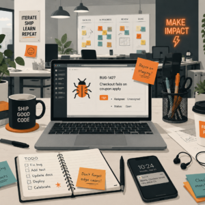 A cluttered but energetic open-plan office desk — sticky notes, a laptop with a bug on the screen, coffee cup, phone. Slightly chaotic but functional. Flat illustration style, muted colors with one accent color (orange or teal)