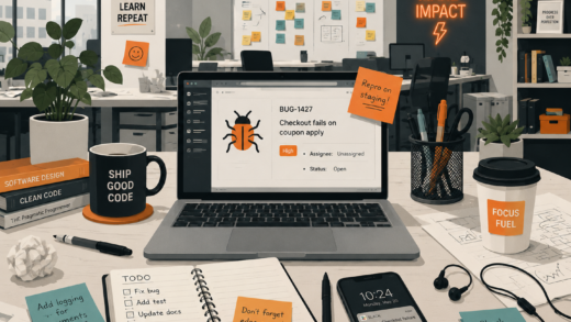 A cluttered but energetic open-plan office desk — sticky notes, a laptop with a bug on the screen, coffee cup, phone. Slightly chaotic but functional. Flat illustration style, muted colors with one accent color (orange or teal)