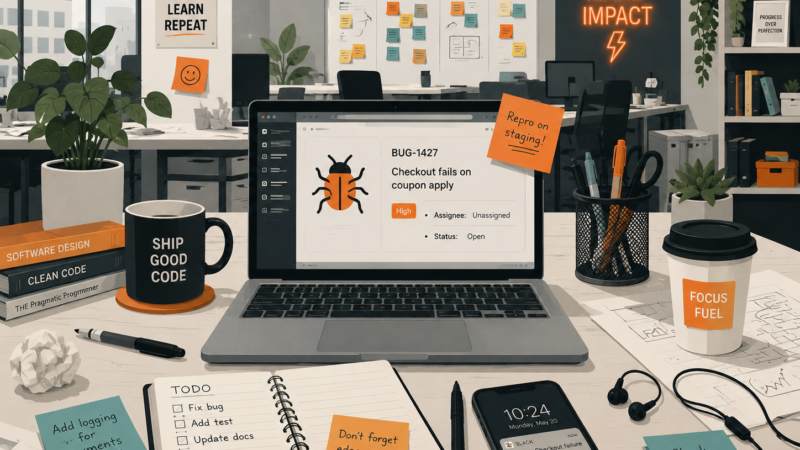 A cluttered but energetic open-plan office desk — sticky notes, a laptop with a bug on the screen, coffee cup, phone. Slightly chaotic but functional. Flat illustration style, muted colors with one accent color (orange or teal)