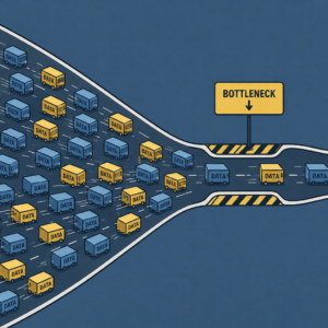 A crowded highway of data packets (represented as small cars or boxes) funneling into a narrow bottleneck