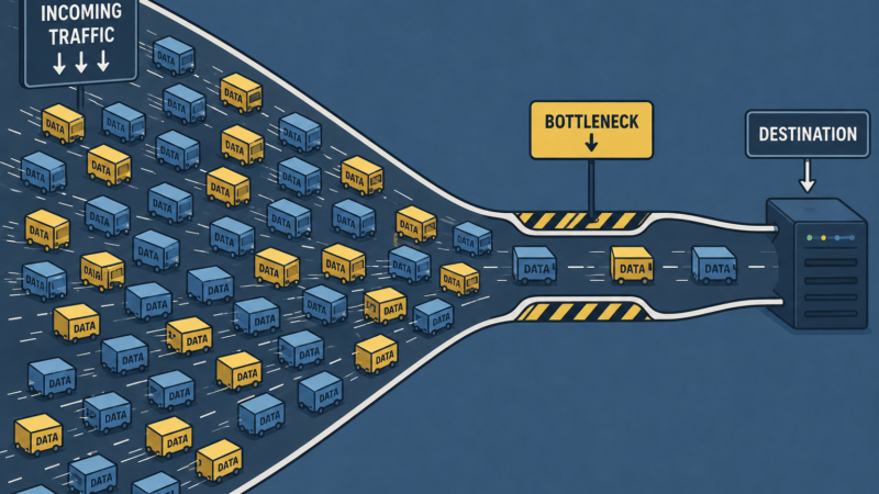 A crowded highway of data packets (represented as small cars or boxes) funneling into a narrow bottleneck