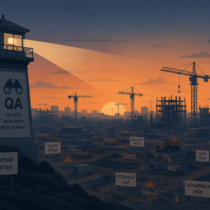 A lone watchtower or lighthouse overlooking a chaotic construction site at dusk — symbolizing QA as a risk-spotting function, not a checkpoint. Flat illustration style, muted blues and oranges. No people.