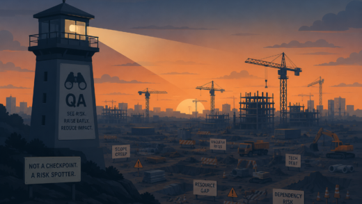 A lone watchtower or lighthouse overlooking a chaotic construction site at dusk — symbolizing QA as a risk-spotting function, not a checkpoint. Flat illustration style, muted blues and oranges. No people.