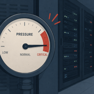 A pressure gauge pushed into the red zone, set against a minimal illustration of a web server or data center.