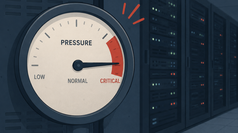 A pressure gauge pushed into the red zone, set against a minimal illustration of a web server or data center.