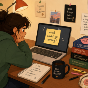 A student at a desk with a laptop, textbooks, and a sticky note on the screen that says "what could go wrong?"