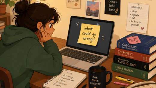 A student at a desk with a laptop, textbooks, and a sticky note on the screen that says "what could go wrong?"